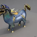 Traditional Mythical Beast Ornament Decoration Set With Blue Green Enamel And Golden Accents