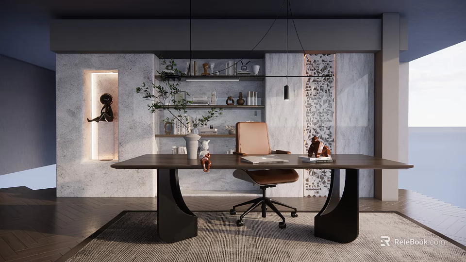 Modern Study Room Interior With Spacious Desk Office Chair Bookshelf And Pendant Lights 3d model 