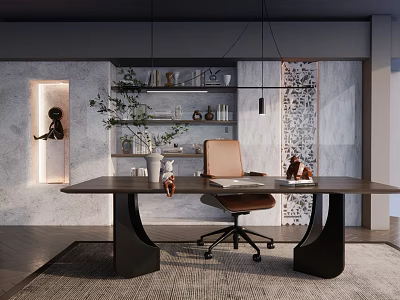 Modern Study Room Interior With Spacious Desk Office Chair Bookshelf And Pendant Lights 3d model