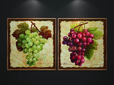 Vintage Framed Grape Paintings With Green Purple Grapes Leaves And Retro Background Wall Decor 3d model