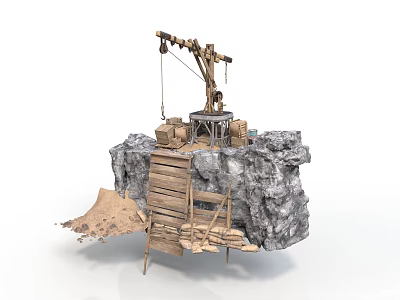 Modern Industrial Scene On Rocky Platform With Wooden Crane Ladder Barrels And Tarpaulin 3d model
