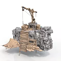 Modern Industrial Scene On Rocky Platform With Wooden Crane Ladder Barrels And Tarpaulin
