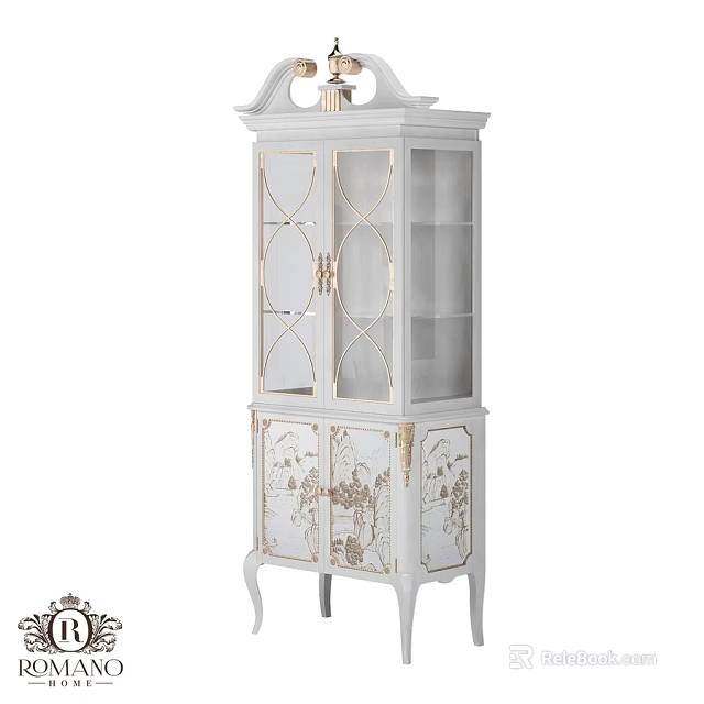 Elegant White Cabinet with Gold Accents Glass Doors and Floral Carvings 3d model 