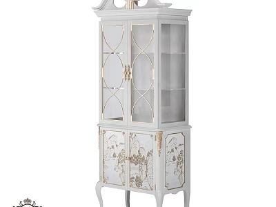 Elegant White Cabinet with Gold Accents Glass Doors and Floral Carvings 3d model