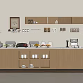 Modern Kitchen Interior With Wooden Cabinets Shelves Tableware Fruits And Coffee Machine