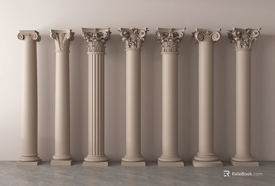 Classical Decorative Columns With Various Designs And Carved Capitals Displayed In Row 3d model