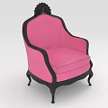 Elegant Pink Upholstered Armchair With Black Wooden Frame And Decorative Top