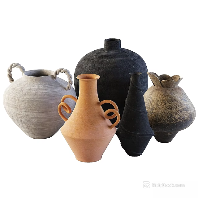 Decorative Vase Ornament Set With Various Colors Unique Shapes And Textured Surfaces 3d model 