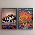Two Framed Landscape Paintings With Sunset Rocky Shore Lake Mountains And Grassland Trees