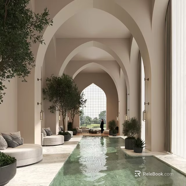 Luxurious Indoor Swimming Pool with Arched Design Green Plants and Natural Light 3d model 