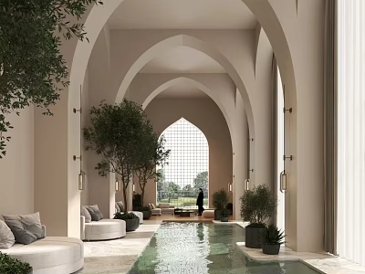 Luxurious Indoor Swimming Pool with Arched Design Green Plants and Natural Light 3d model