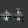 Cartoon Mushroom Scene With Blue Purple Houses Glowing Details And Small Trees