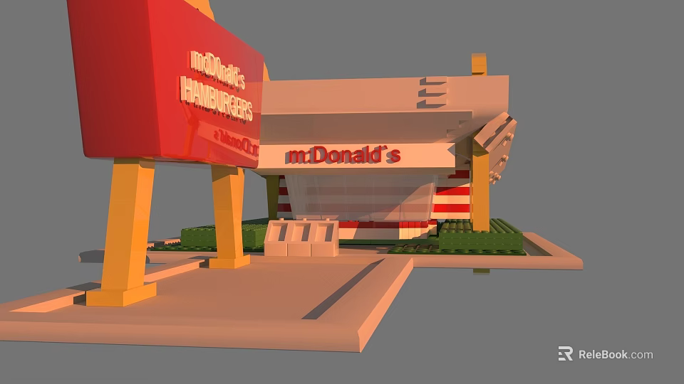 Lego Style McDonald's Restaurant Model With Red Sign Steps Entrance And Lawn 3d model 