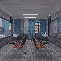 Aerial View Of Dining Interior Space With U Shaped Round Tables Orange Chairs And Window Layout