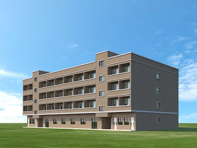 Aerial View Planning of Modern Multi story Building with Green Lawn and Blue Sky 3d model