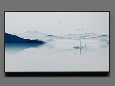 Chinese Ink Wash Landscape Painting With Distant Mountains Misty Water And Flying Birds 3d model