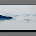 Chinese Ink Wash Landscape Painting With Distant Mountains Misty Water And Flying Birds