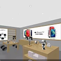 Modern Electronics Retail Store With Display Shelves Mobile Phones And Wooden Tables