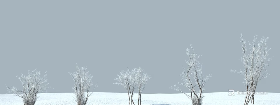 Snow Covered Trees Standing in Snowy Field With Gray Sky Background 3d model 