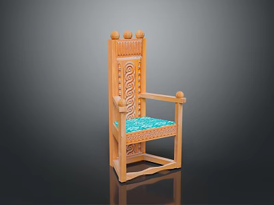 Wooden Chair With Carved Patterns Turquoise Cushion And Decorative Top Balls 3d model