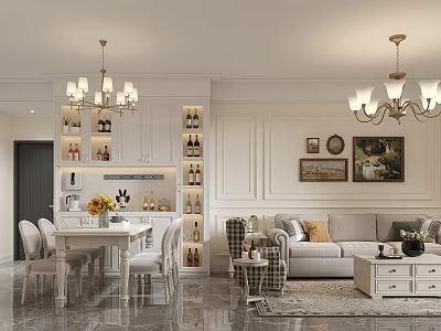 Elegant Living And Dining Room With Chandelier Dining Table Sofa And Decorative Paintings 3d model