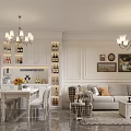 Elegant Living And Dining Room With Chandelier Dining Table Sofa And Decorative Paintings