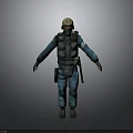 Tactical Personnel In Blue Uniform Helmet Face Mask Vest And Outstretched Arms