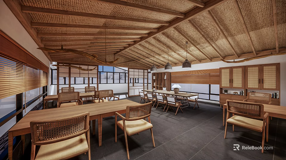Public Office Space With Wooden Woven Rattan Ceiling Long Tables Rattan Chairs And Natural Light 3d model 