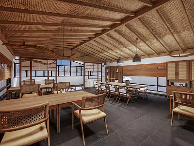 Public Office Space With Wooden Woven Rattan Ceiling Long Tables Rattan Chairs And Natural Light 3d model