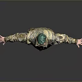 Man In Camouflage Uniform With Green Cap Standing Arms Outstretched