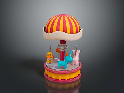 Toy Carousel Model With Red Yellow Striped Canopy And Colorful Animal Figures 3d model