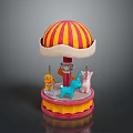 Toy Carousel Model With Red Yellow Striped Canopy And Colorful Animal Figures