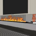 Modern Fireplace With Burning Flames Gray Cabinets Mirror Above Orange Bear Decoration And Window Nearby