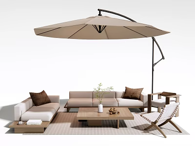 Modern Outdoor Sofa Set With Cantilever Umbrella Coffee Table And Wooden Chairs 3d model