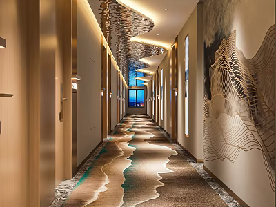 Elegant Hotel Corridor Interior Design Featuring Recessed Lighting Artistic Carpet And Decorative Walls 3d model