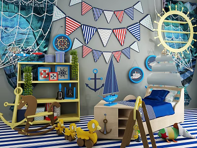 Nautical Themed Children's Bed With Blue Bedding Fishnet Sailboat Decor And Anchor Bunting 3d model