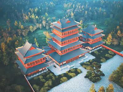Ancient Chinese Architecture With Multi Story Towers Traditional Overhanging Eaves And Lush Garden Landscape 3d model