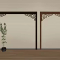 Chinese Traditional Screen Components With Decorative Patterns Black Brown Frames And Green Plant 3d model