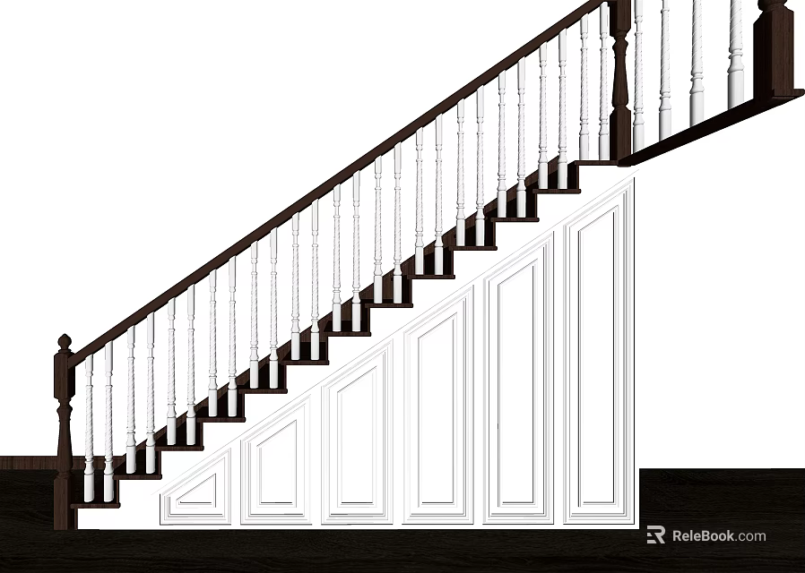 Classic Interior Stairs With White Railings Dark Handrail And Paneled Design 3d model