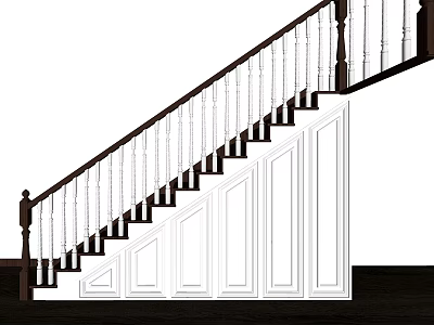 Classic Interior Stairs With White Railings Dark Handrail And Paneled Design 3d model