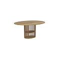 Round Wooden Dining Table Featuring Slatted Leg Structure and Lower Storage Shelves 3d model