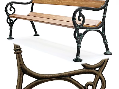 Outdoor Ground Featuring Vintage Wooden Bench With Ornate Metal Armrests 3d model