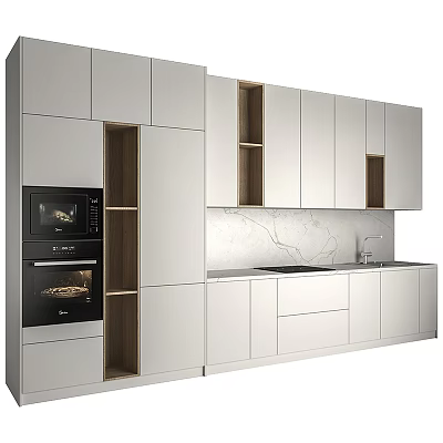 Modern Light Colored Kitchen Cabinets With Built In Appliances And Open Shelves 3d model