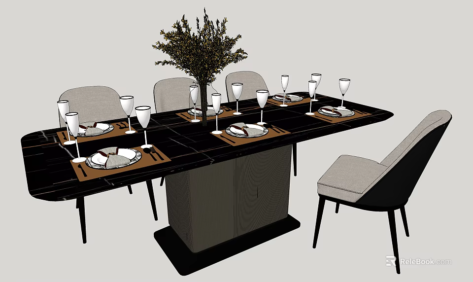 Modern Dining Table Set With Chairs Dinnerware Wine Glasses And Decorative Greenery 3d model