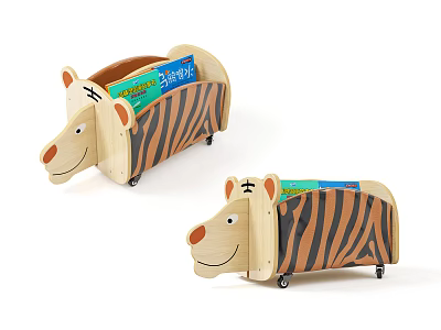 Cute Animal Shaped Bookcase With Tiger Stripes Cartoon Head And Wheels 3d model