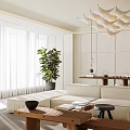 Modern Dining Living Room Interior Design With White Geometric Chandelier Green Artwork And Tea Set