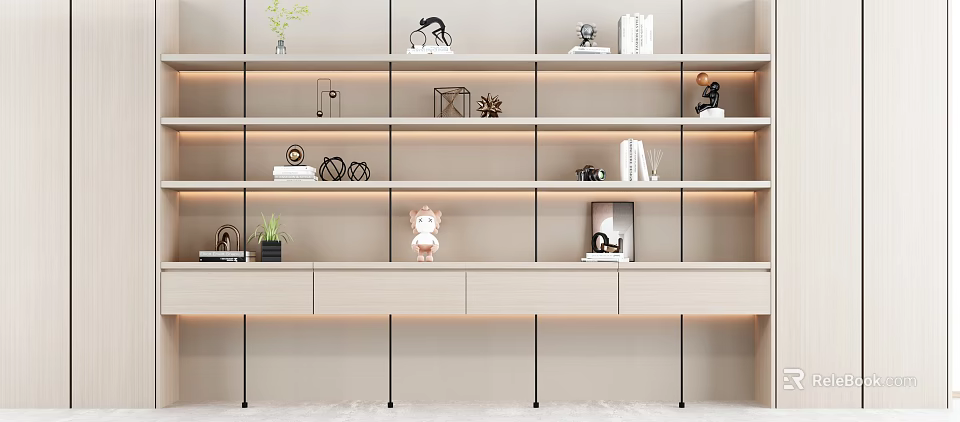 Modern Minimalist Sideboard with Shelves Potted Plants Books Small Ornaments and LED Lighting 3d model 