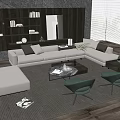 Modern Living Room Interior With L shaped Sofa Coffee Table Armchairs And Window Blinds