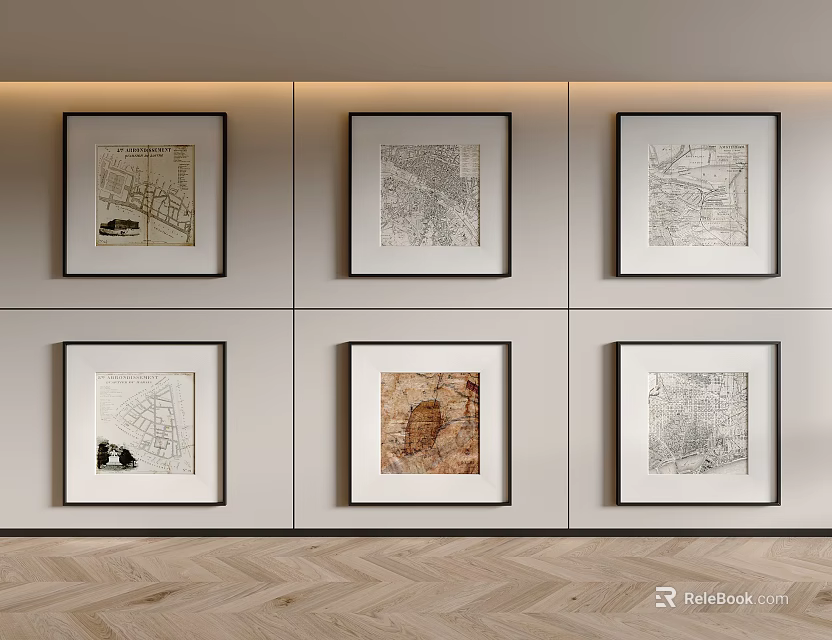 Framed Vintage Maps Arranged in Two Rows Three Columns on Light Wall with Herringbone Floor 3d model