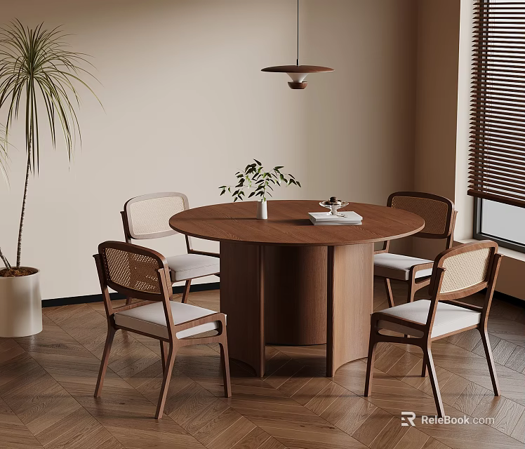Modern Dining Interior With Round Wooden Table Four Chairs And Potted Plants 3d model